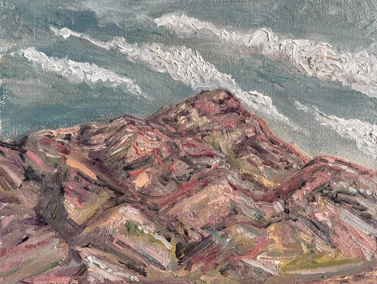 An oil painting of turtleback mountain with spindly diagonal clouds in the sky.