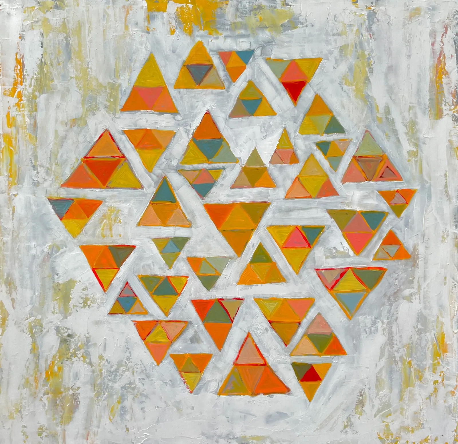 A hexagon of triangles in yellow, green, red, orange, beige and gray on a gray background.