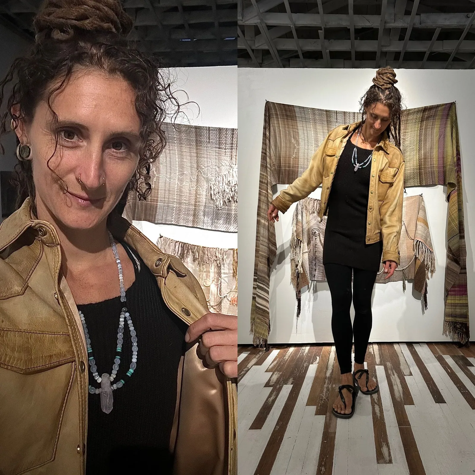 Two panels of photographs of the same women wearing a tan leather jacket and black knit outfit. The photo on the left os closer, the one on the right is farther away