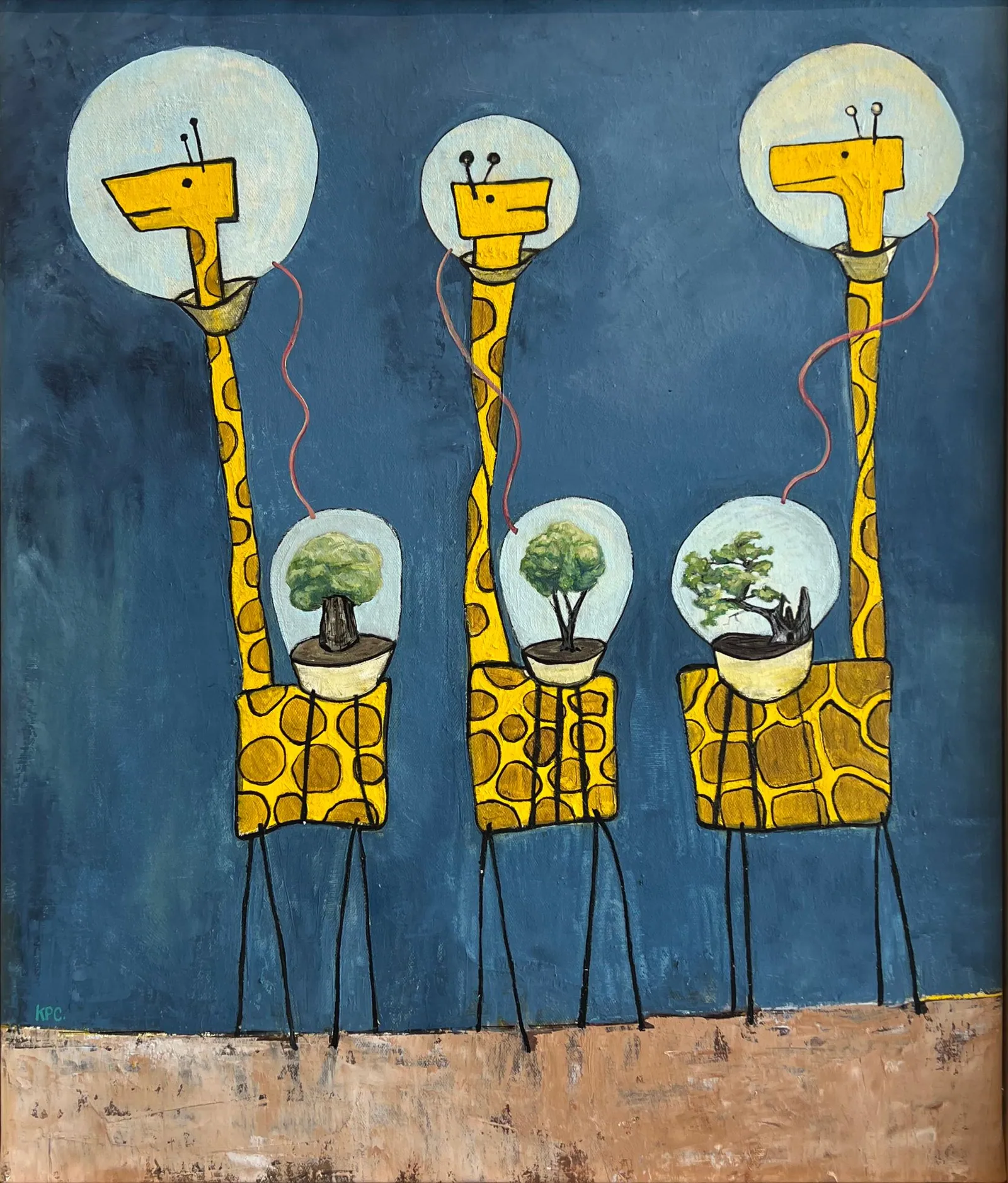 A painting of giraffes with flat twisted paper necks wearing breathing apparatus on their heads with 02 created by bottled bonsai trees.