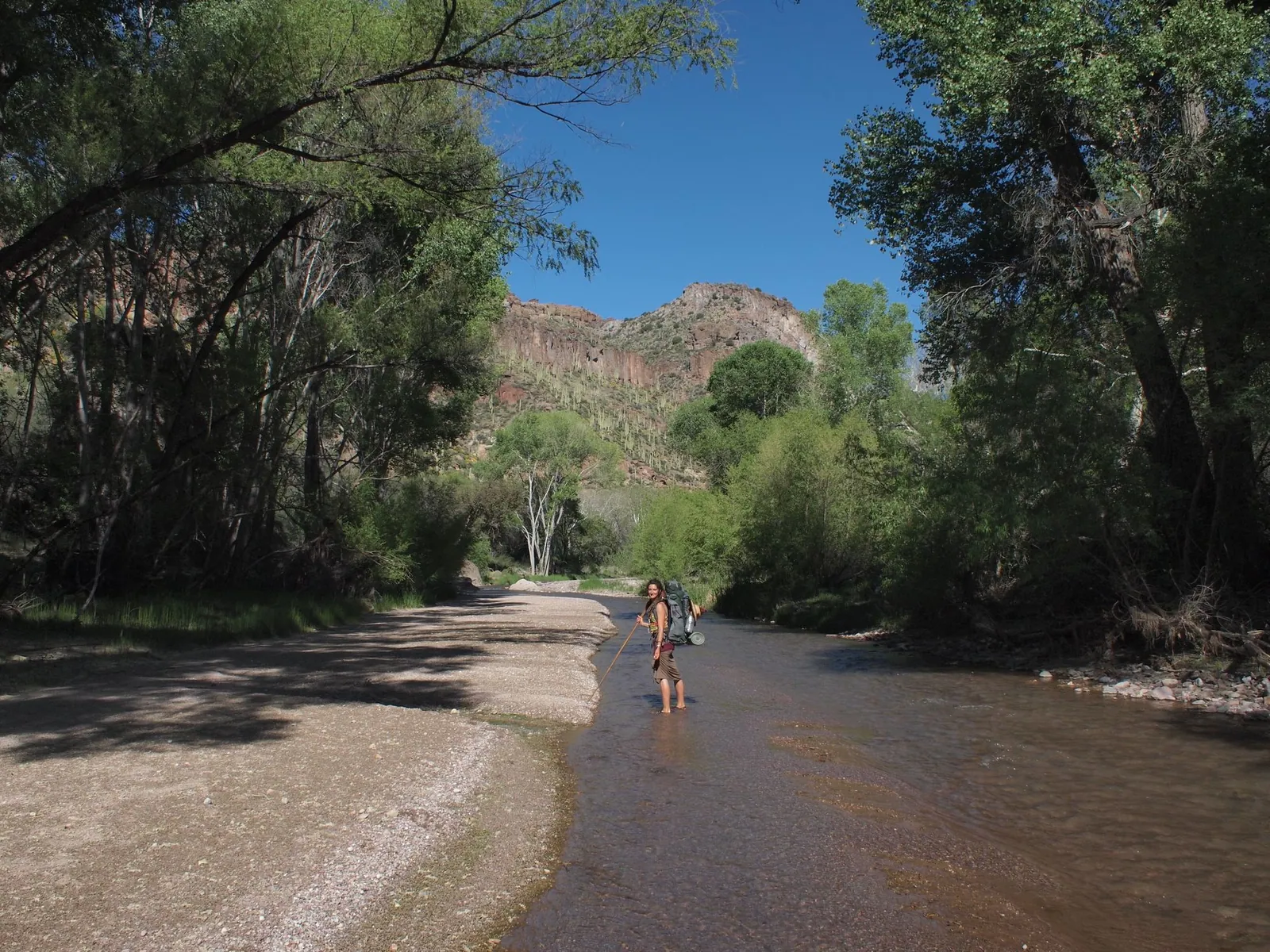 Woman wearing a large backpack hiking down a canyon creek, lined with cottonwood trees