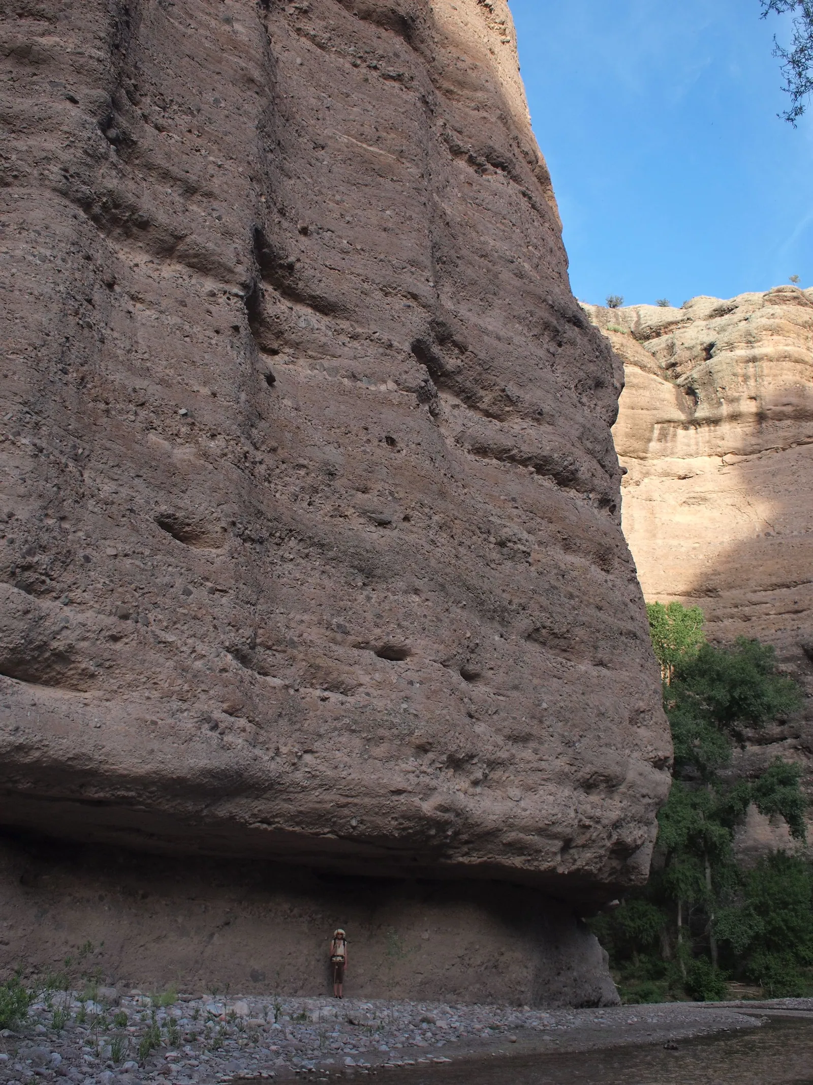 Man in white shirt and hat stands, looking tiny below giant canyon cliffs, with a creek running in the foreground