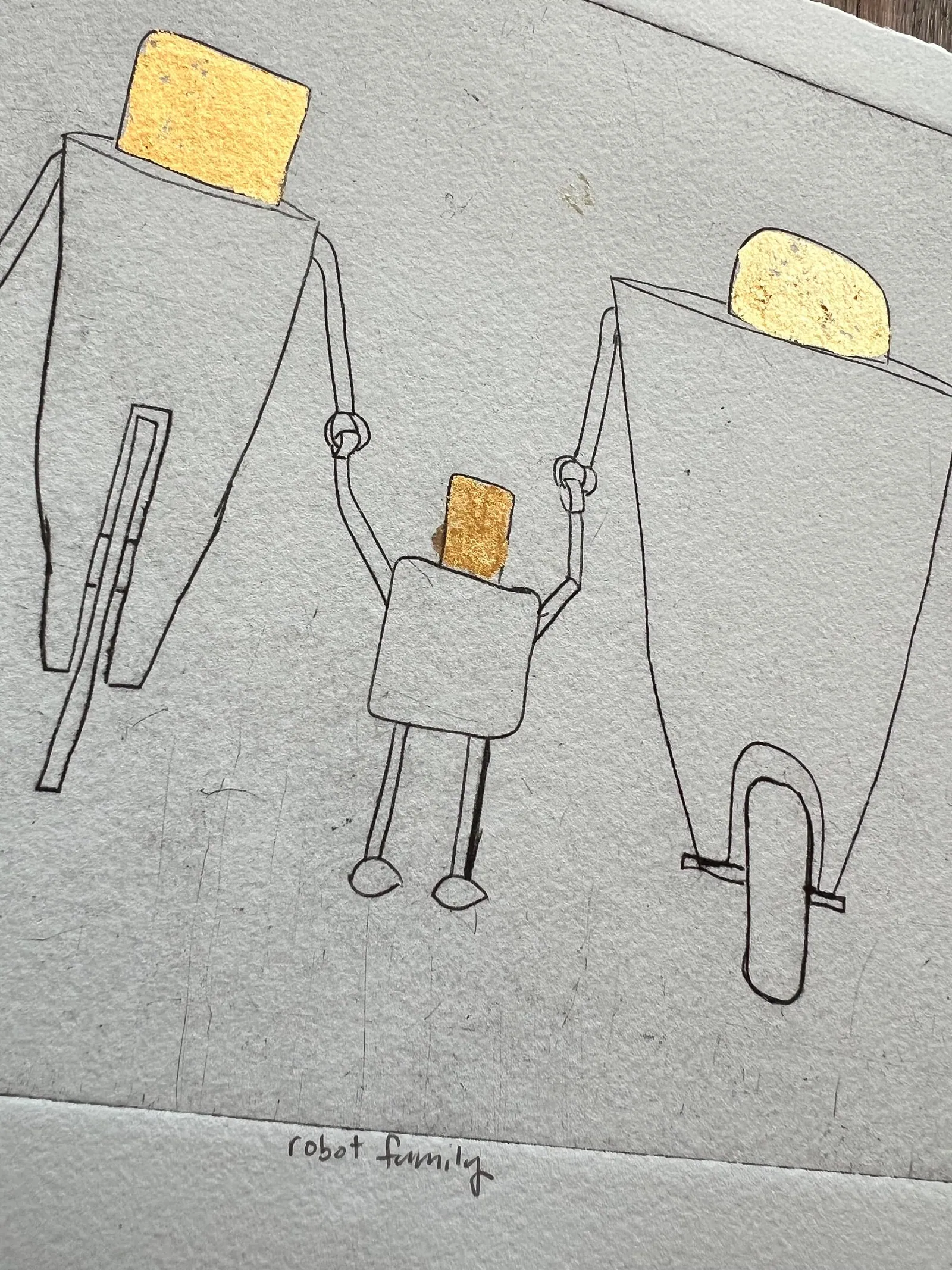 a black and white line image of three robots holding hands sized as a stereotypical mother-child-father unit