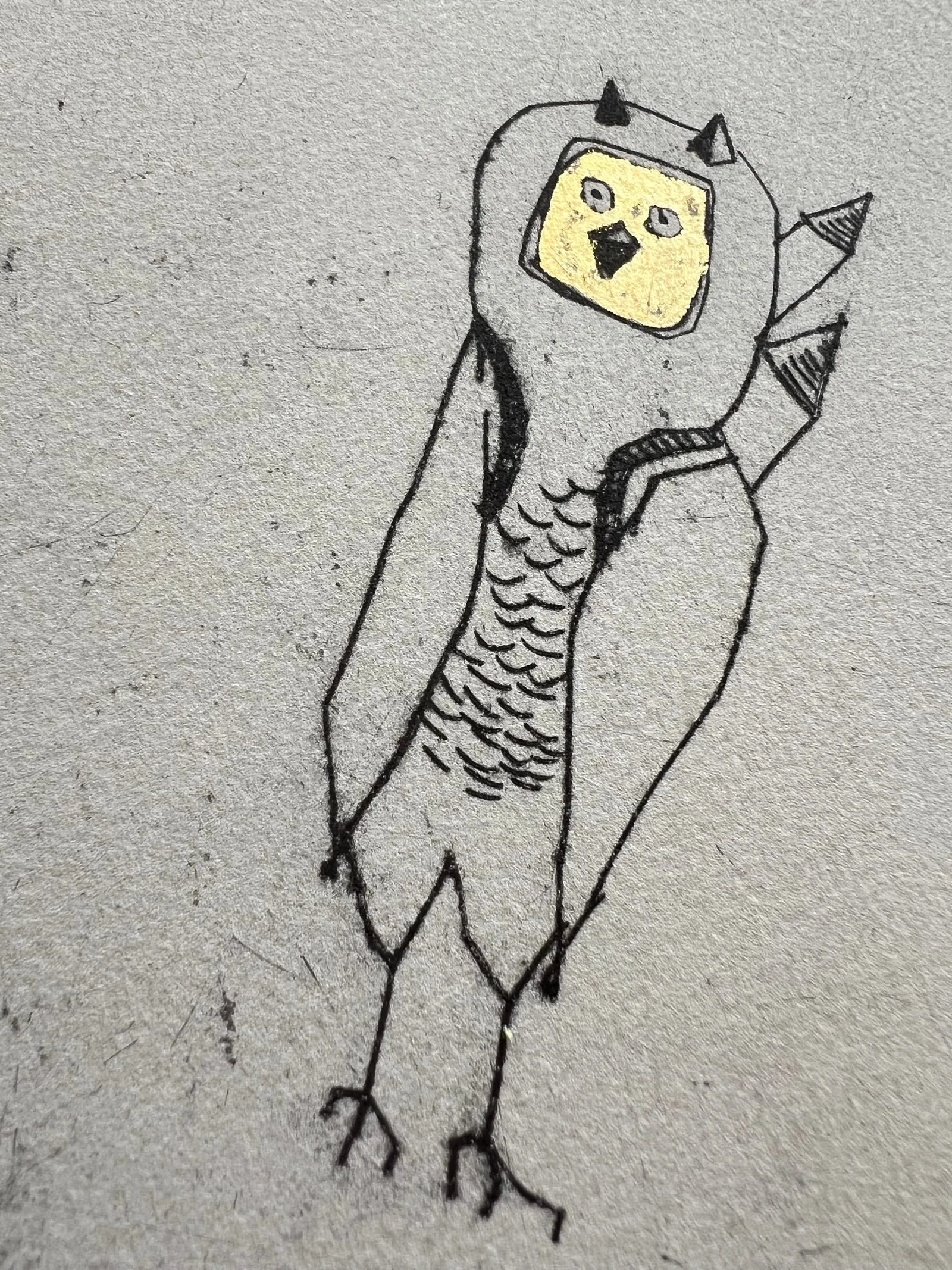 a black and while line image of an owl with a 24kt gold leaf face whom has a backpack on with bottle rockets poking out the top.